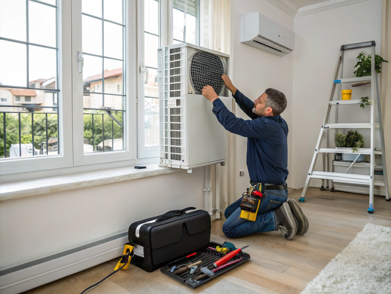 Aircon technician topping up gas in Jurong unit