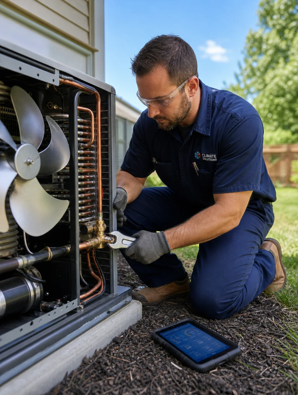 EZ Aircon technician servicing outdoor compressor unit with gas pressure gauges