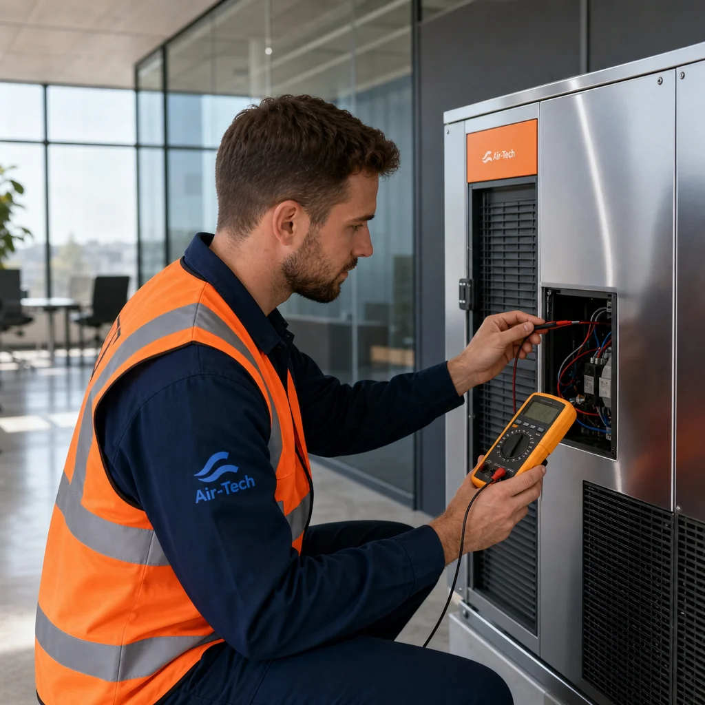 Professional technician inspecting an air conditioner