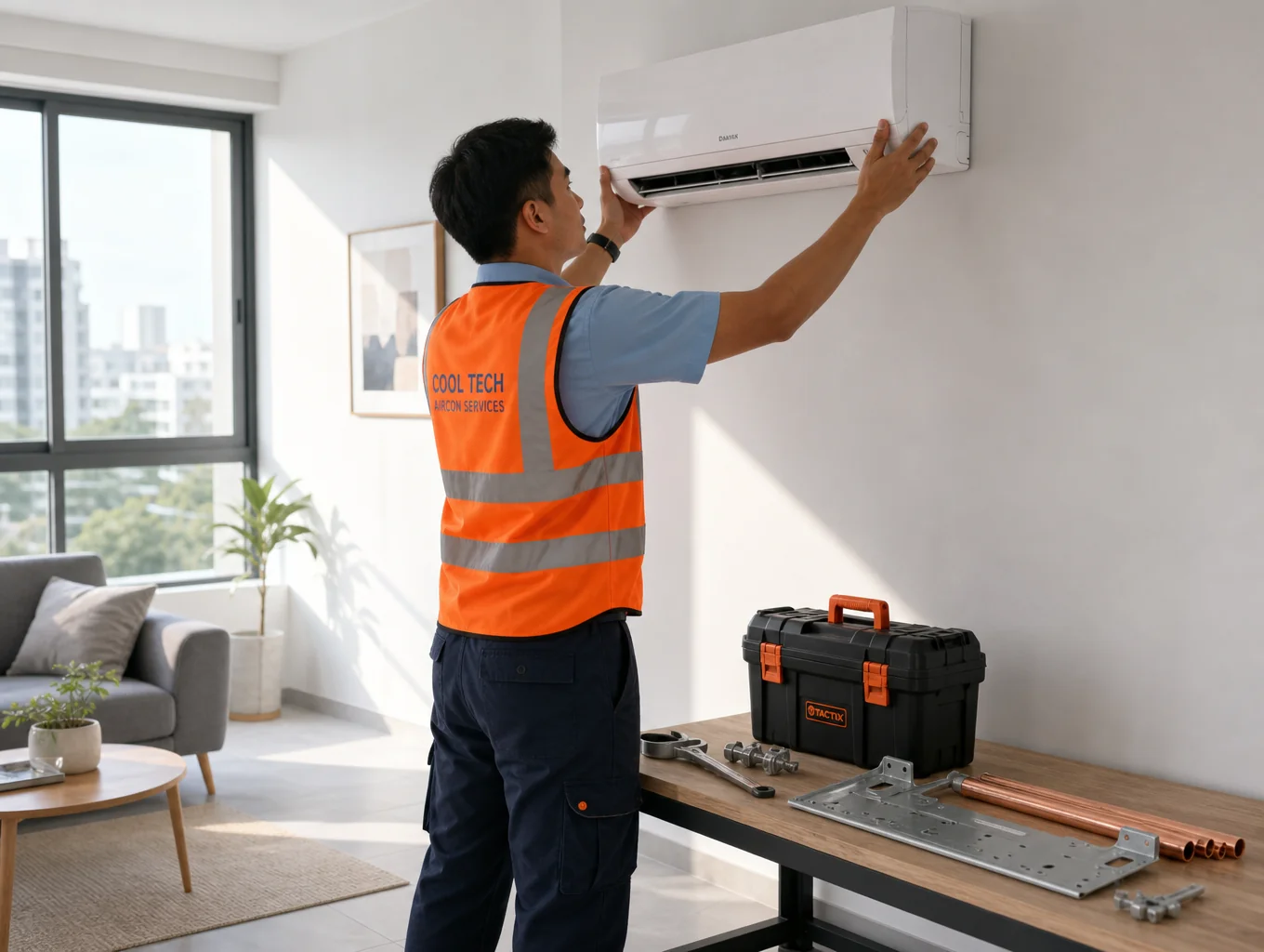 Certified technician inspecting an air conditioning unit in Singapore