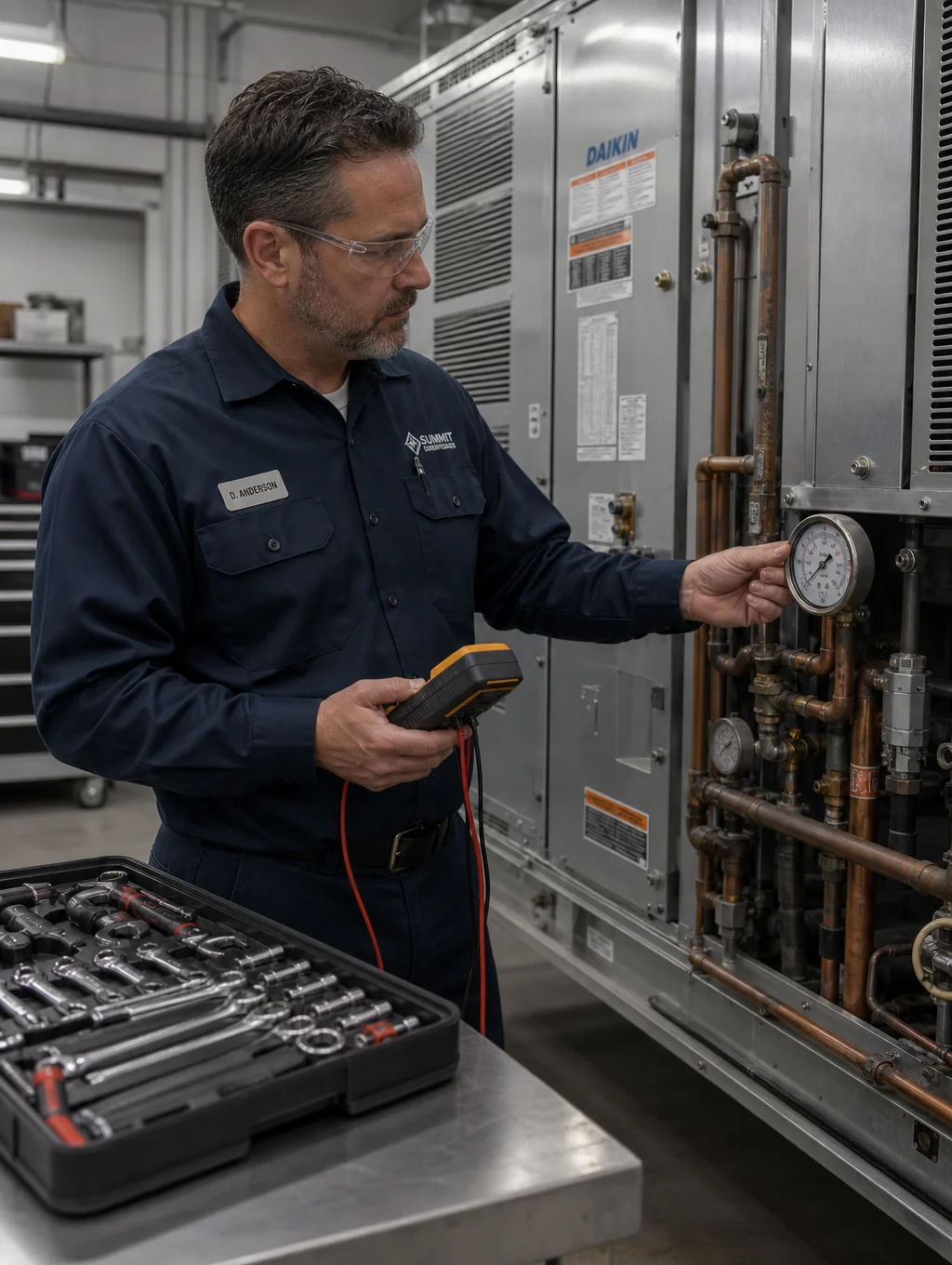 Professional technician inspecting an air conditioning unit