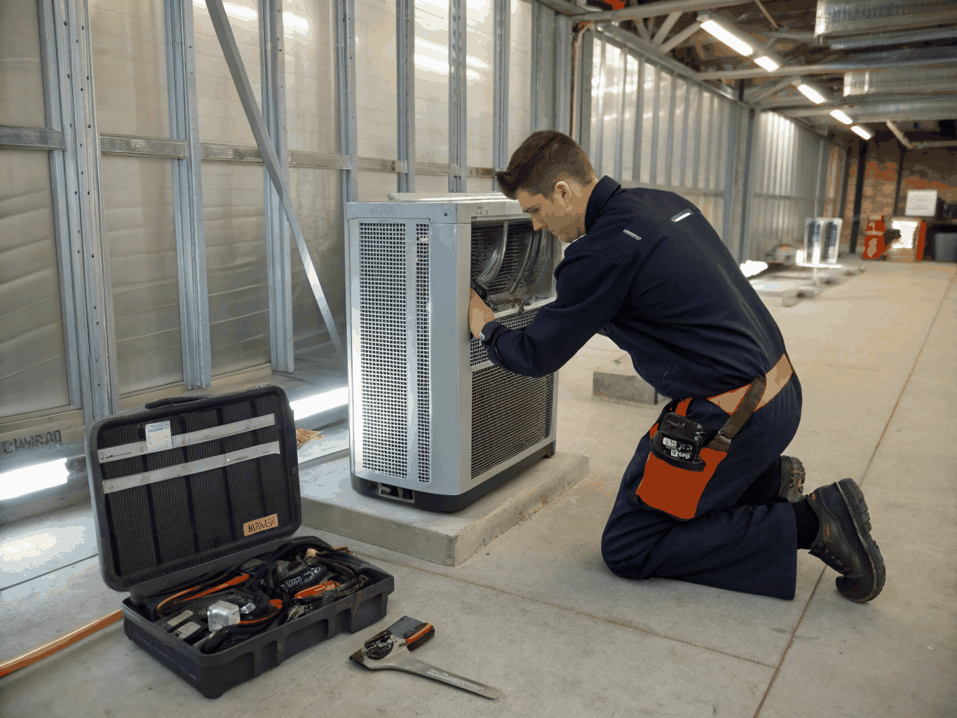 EZ Aircon service technician working on an air conditioner unit in Singapore Central Area