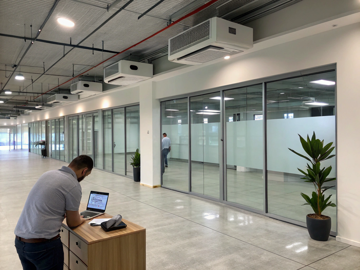 Commercial aircon servicing conducted inside modern office