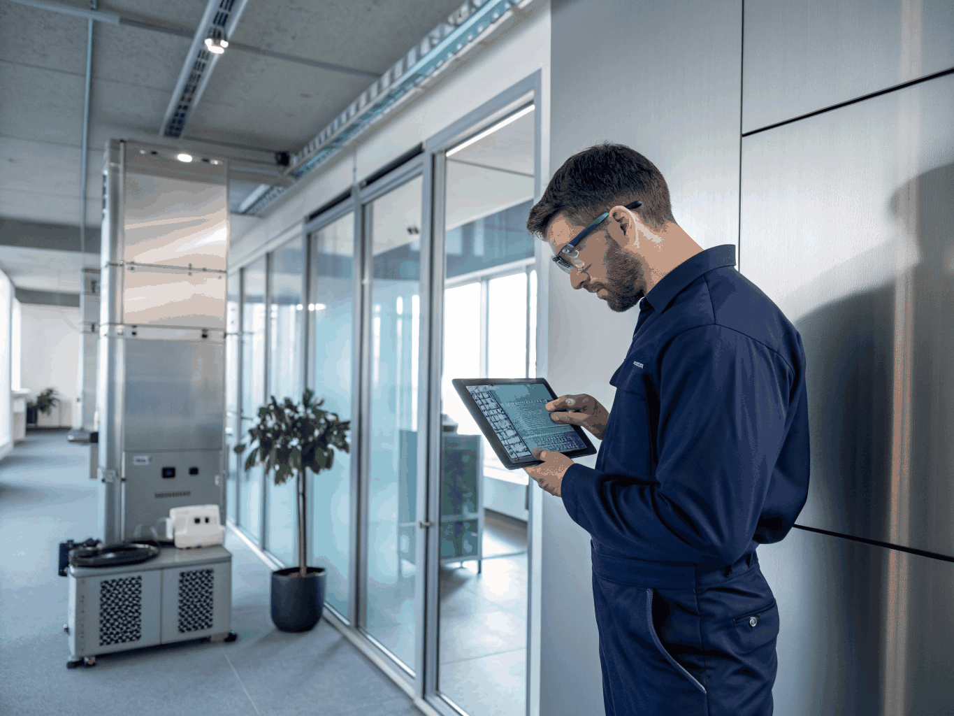 Certified technician servicing commercial ceiling cassette air conditioner