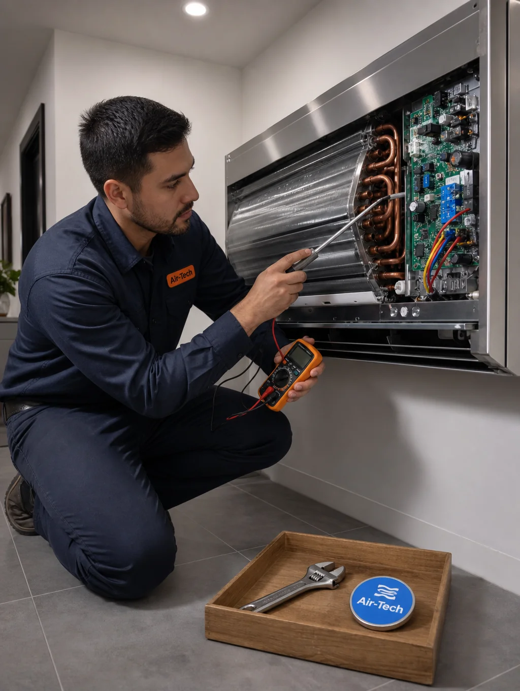 Certified Singapore aircon technician preparing diagnostic tools for emergency repair