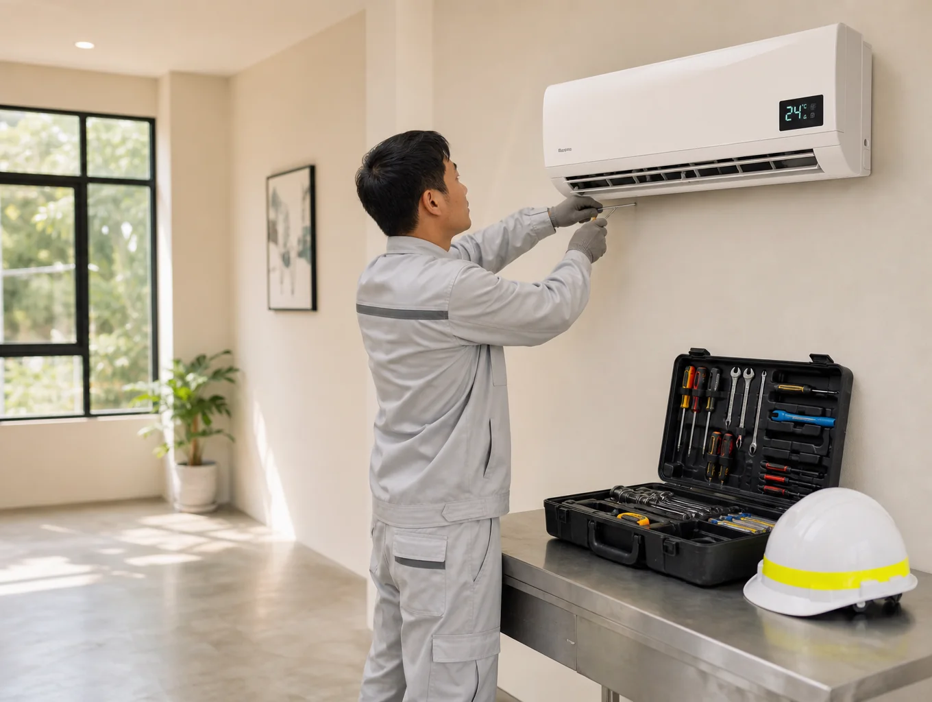 Professional aircon technician servicing an air conditioner unit in Singapore