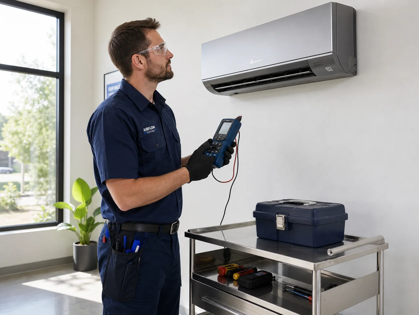 Professional aircon technician servicing unit in Jurong East