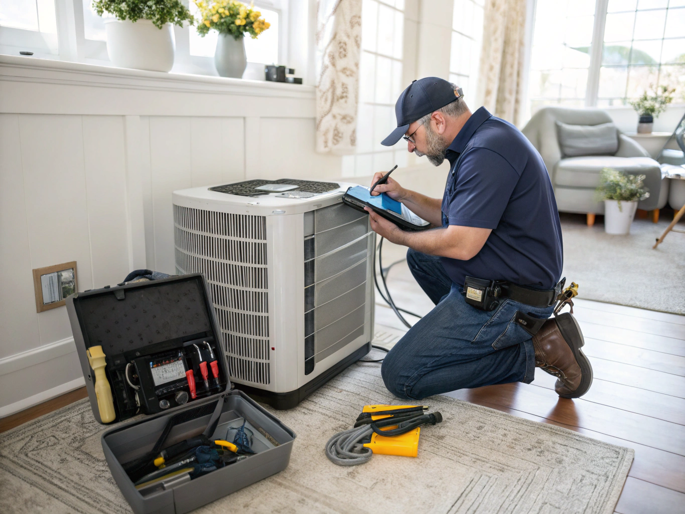 Aircon technician servicing indoor unit in Marine Parade