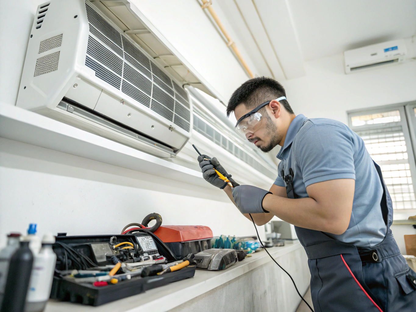 EZ Aircon certified technician inspecting and cleaning an indoor air conditioning unit in Pasir Ris