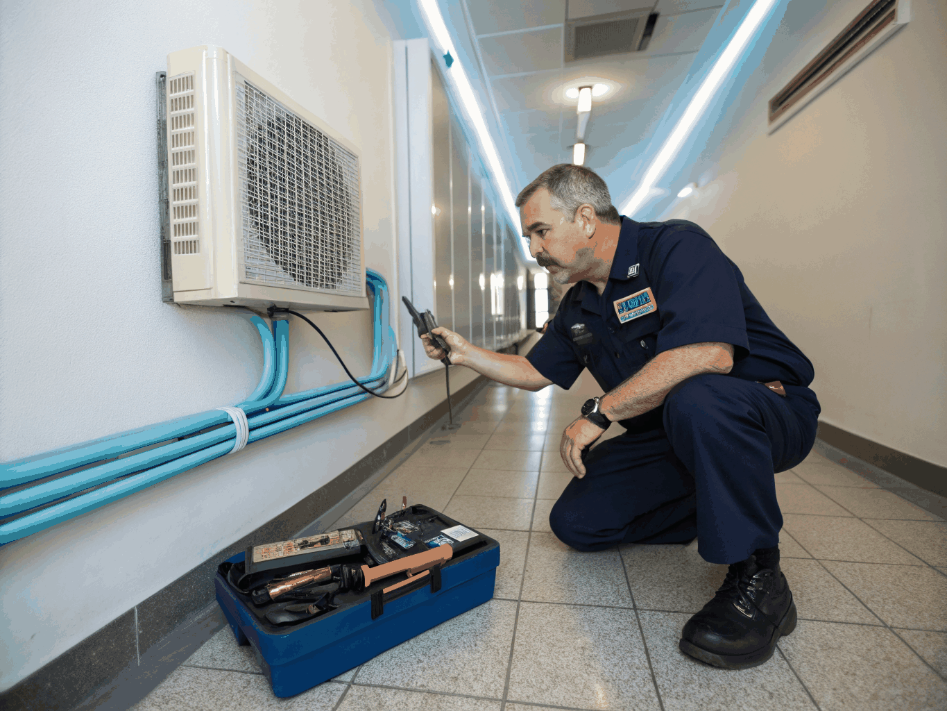 Aircon technician servicing an air conditioning unit in Queenstown