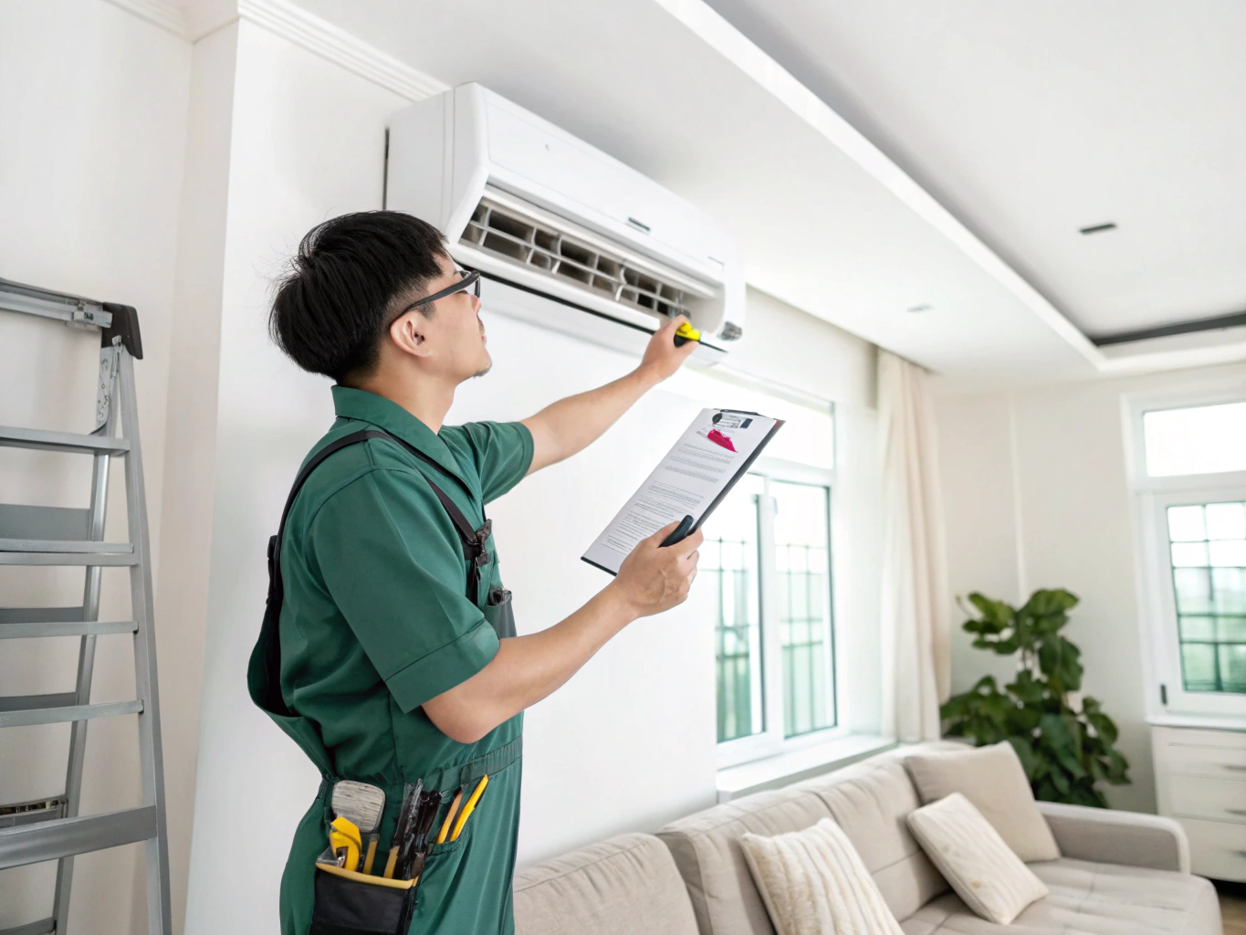 Professional aircon technician inspecting and servicing air conditioner unit in Sembawang