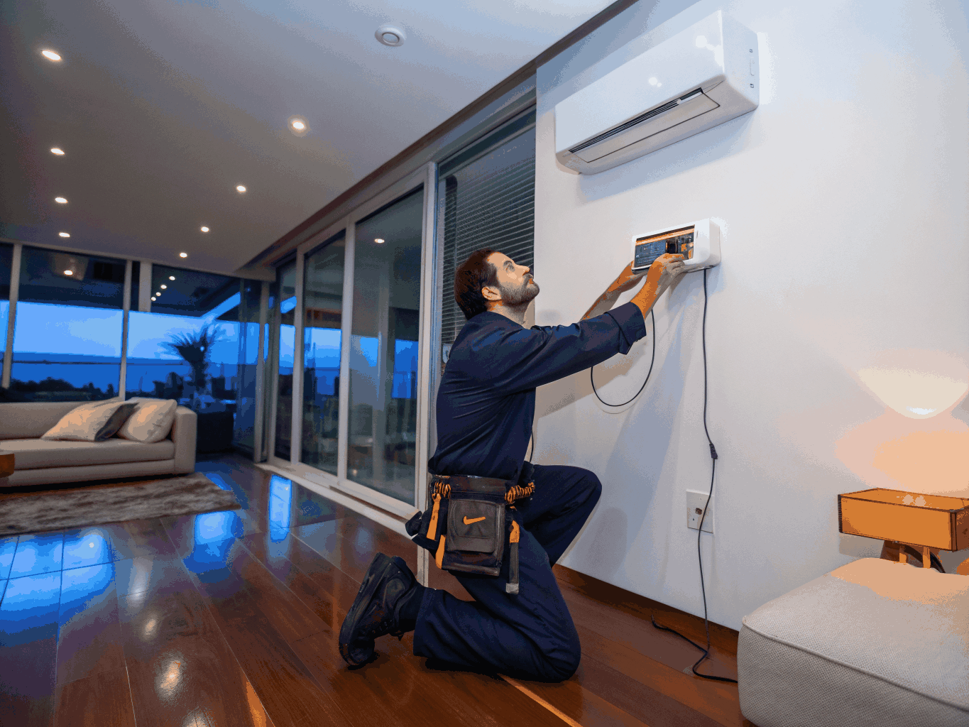 Aircon servicing technician repairing an air conditioning unit in Yishun